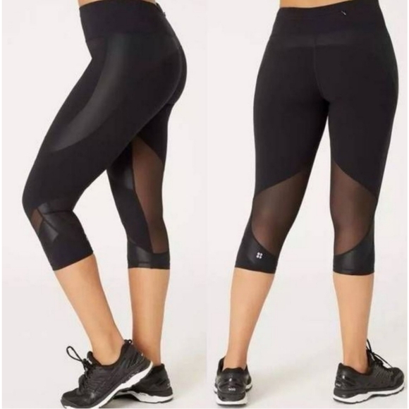 Sweaty Betty Black Power Wetlook Mesh Crop Workout Leggings Small - Picture 1 of 11